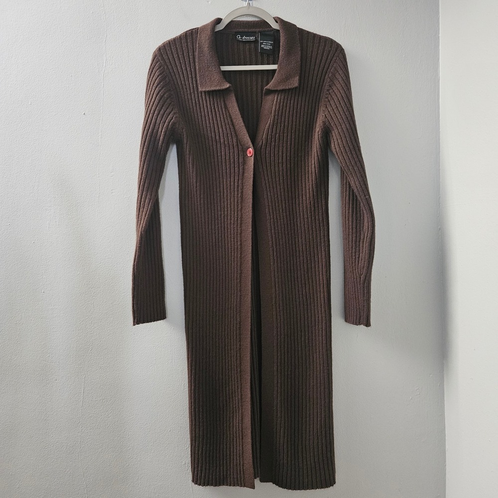 VTG Y2k Long Duster Cardigan Sweater‎ Brown Ribbed Knit Single Button Small